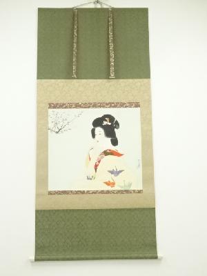 伊藤深水　紅梅　印刷工芸　絹本掛軸（保護箱）